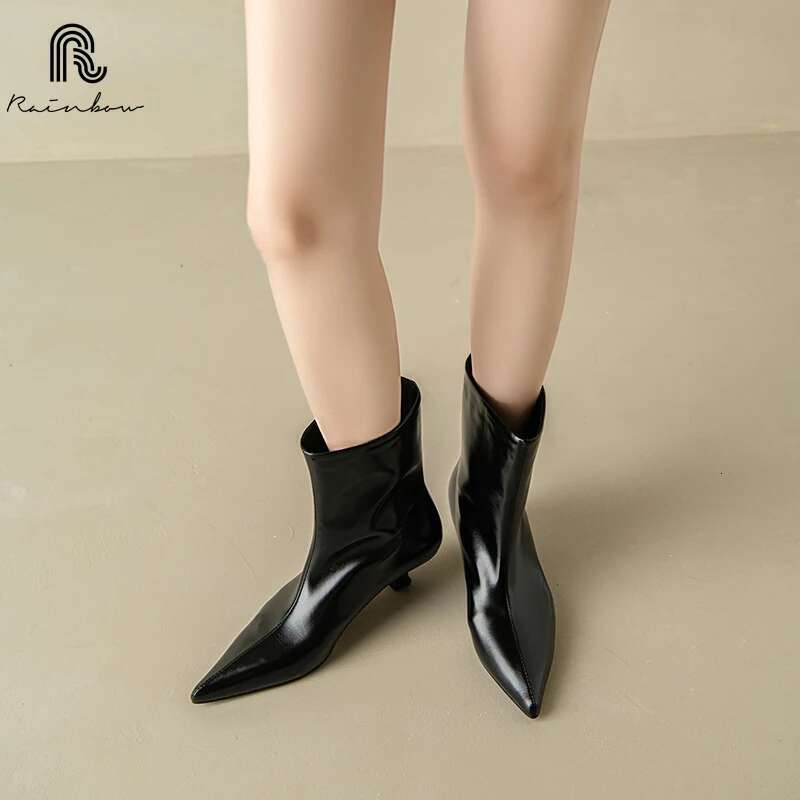 RAINBOW 34-39 Women Ankle Boots Real Leather Kitten Mid Heels Shoes 2025 Winter Ins Fashion Pointy Office Lady Daily Dress