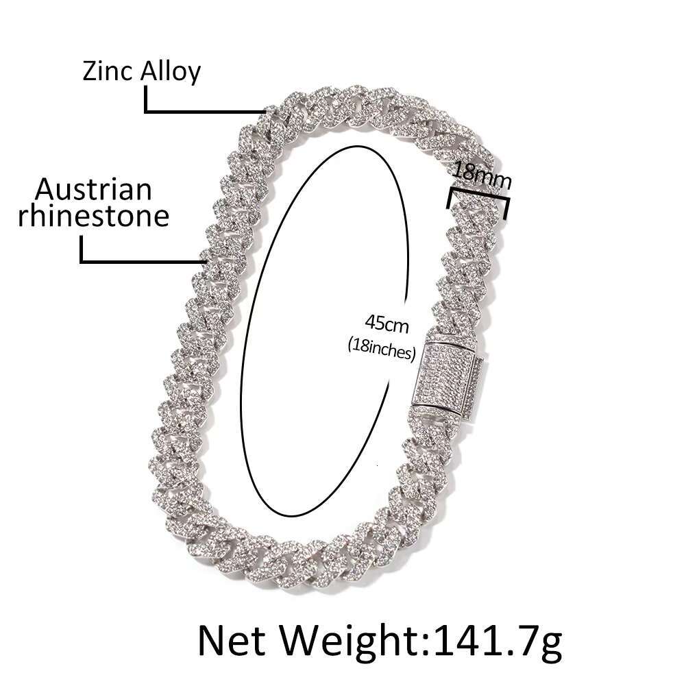 Trendy Electroplating 18mm Cuban Chain Men Rock Punk Full Diamond Hiphop Fashion Cuban Link Chain