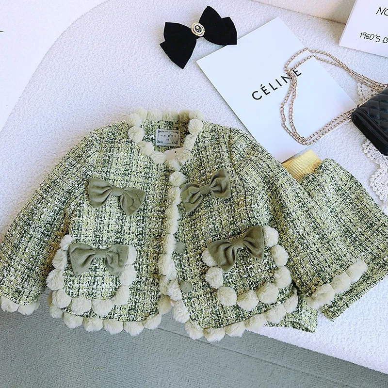 Adorable Pompom Baby Girls Tweed Coat and Shorts Soft Warm Autumn Winter Kids Clothing Set Teens Outfits for 2-7Years 250325