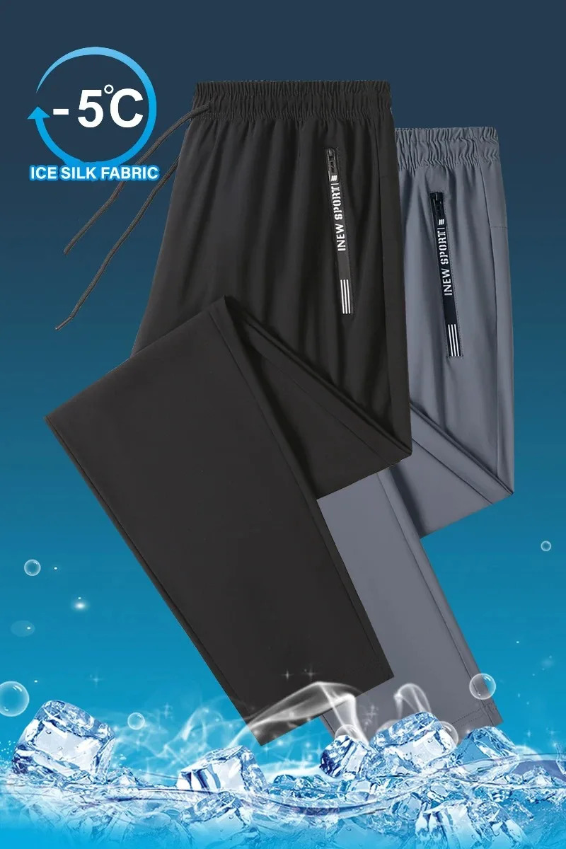 Ice silk mens summer ultrathin sports pants quick drying straight leg wide casual 250326