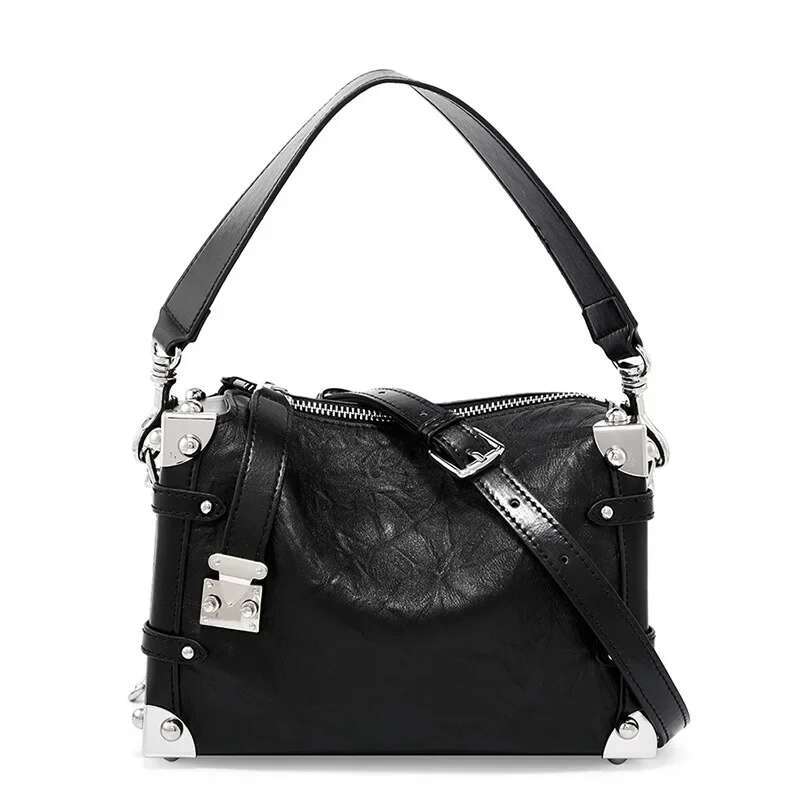 Women Genuine Rivet Handbags Female Square Soft Leather Box Shoulder Vintage Small Girls Crossbody Bag Bolsos