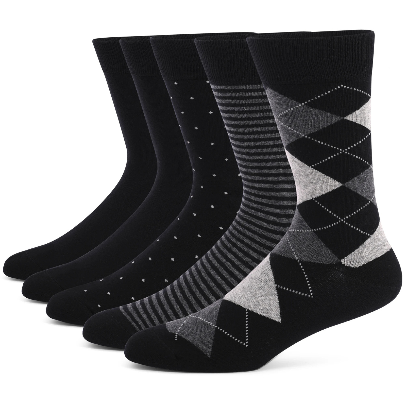 5 pairs of mens dress socks in plus size high-quality combed cotton crew socks black cool Argyle breathable casual mens socks 250321