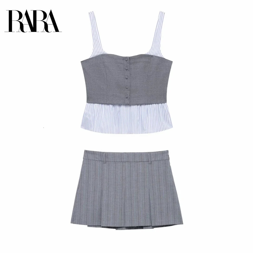 2025 RARA Spring Womens Poplin Striped Splicing Round Neck Shoulder Strap Top Needle Temperature Fashion Mid Waist Mini Skirt 250318