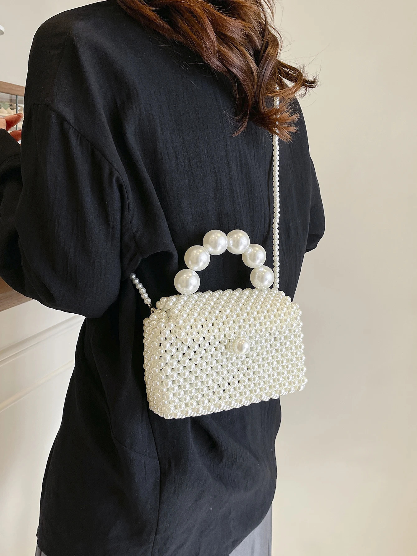 Classic Fashion Trend Handmade Beaded Woven Bag Elegant Temperament Handbag Exquisite Fashion Pearl Chain Shoulder Crossbody 250325