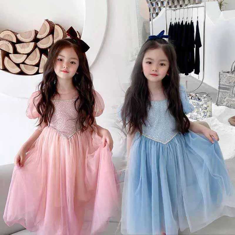 Summer girl princess dress with puff sleeves birthday dress with sequins sparkling costume performance costume big childrens costume W250326