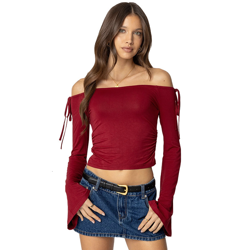2025S Fashion Designer Q TP Women S Autumn Winter One Word Collar Bow Tie Shrink Fold Short Open Umbilical Top T Shirt
