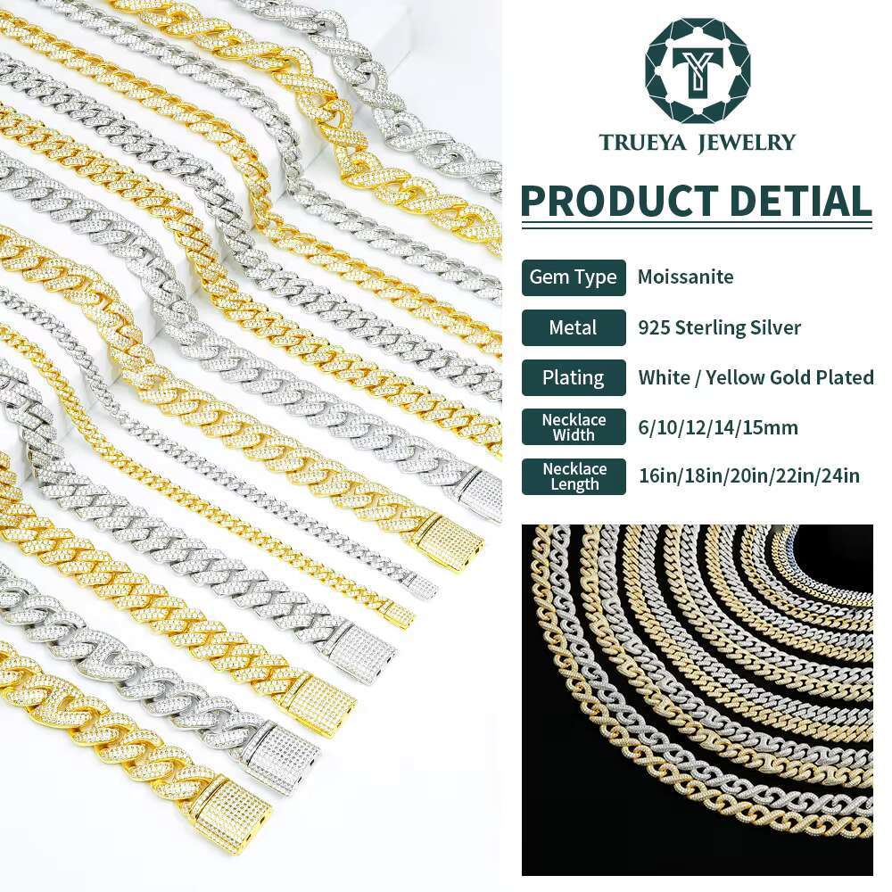 VVS Round Brilliant Moissanite Diamond Hip Hop Moissanite Cuban Link Chain 6mm to 20mm Cuban Chain for Men for Valentines Gift
