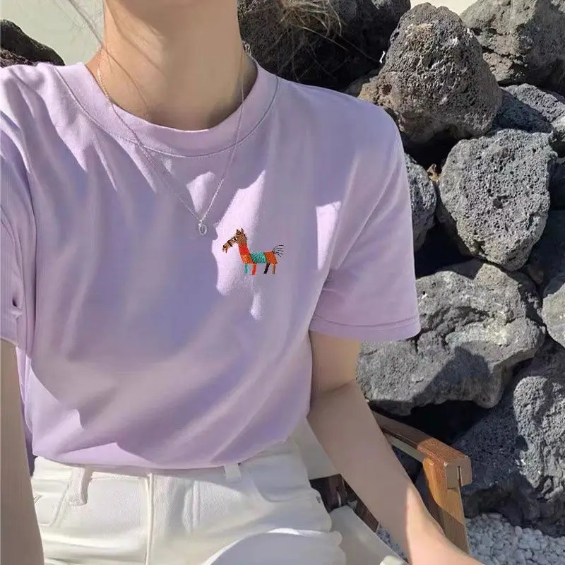 Womens loose casual solid O-neck pure cotton T-shirt summer chic cartoon embroidery short sleeved top 250321