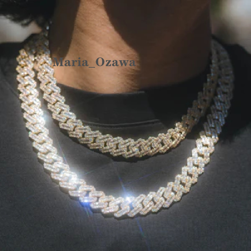 European Hip Hop Rapper 15mm Prong Men Cuban Chain Vvs Moissanite Custom Silver Chain Cuban Necklace
