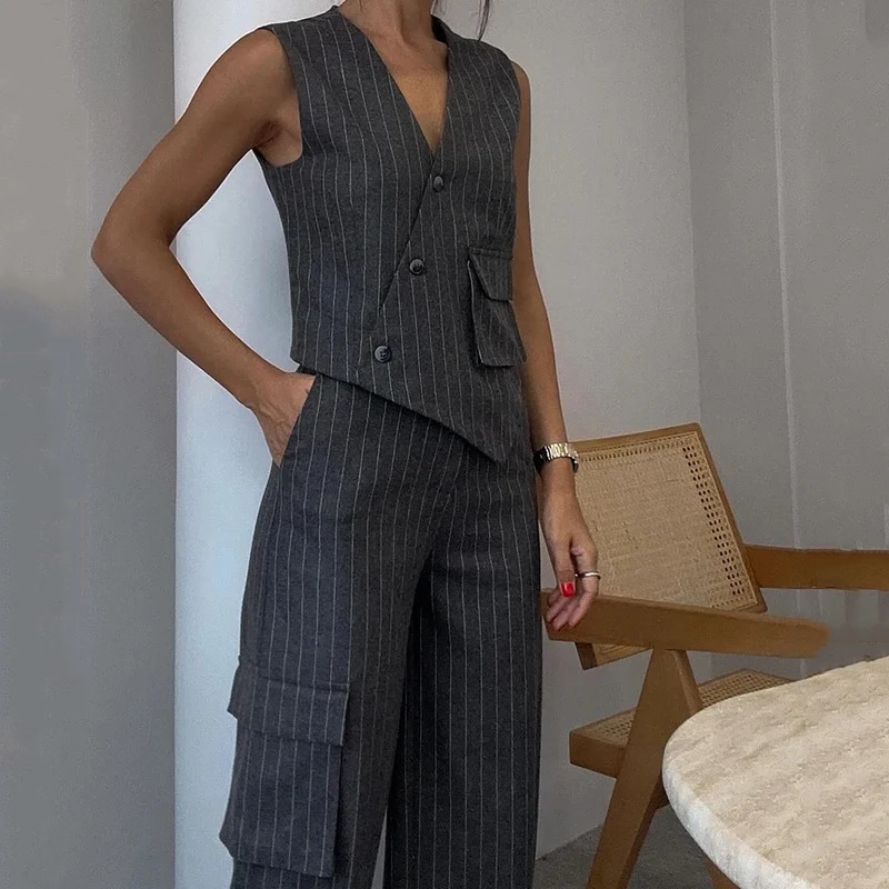 Wefads Office 2-piece Womens Elegant Sleeveless Stripe Printed V-neck Irregular Single Chest Tank Top Straight Pants Set 250321