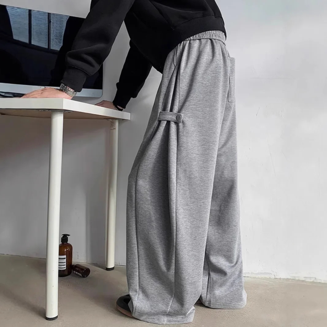 Grey heavyduty mens pants springsummer American style streetwear straight leg wide drawstring casual sports 250326m