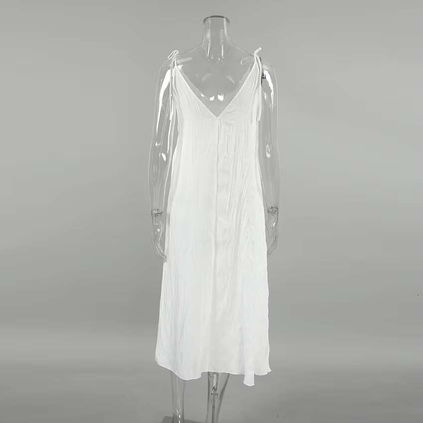 QINSI Casual Fashion White Dresses Woman V Neck Sleeveless Solid Maxi Sexy For Wrinkle Women Night Dress