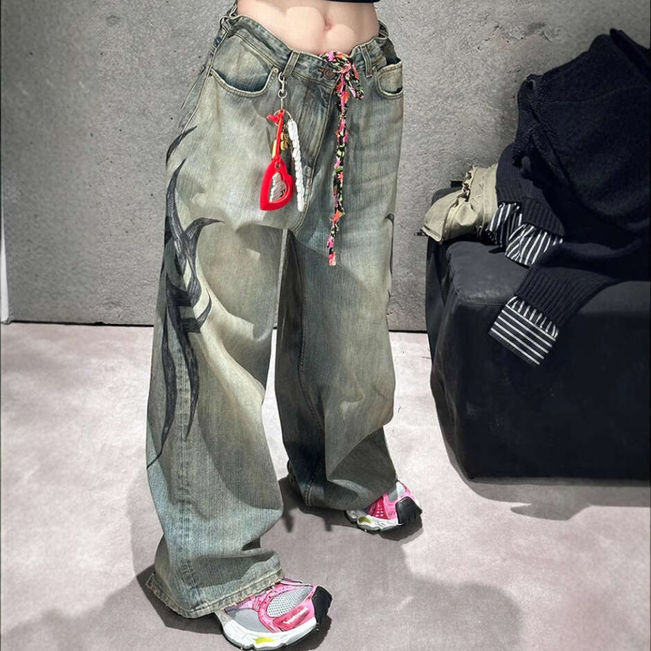 Trendy Printed Jeans, Women's High Street Spicy Girl Design Sense, Wide Leg Pants, Versatile Casual Floor Pants