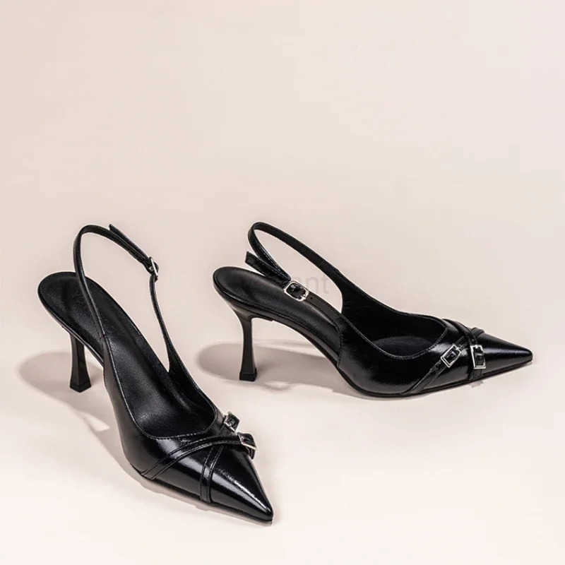 Fashionable Pointed Toe Shallow Mouth New High-heeled Shoes Summer Elegant Buckle Decorated Stiletto Black Wens Shoes NO 602 Z250326