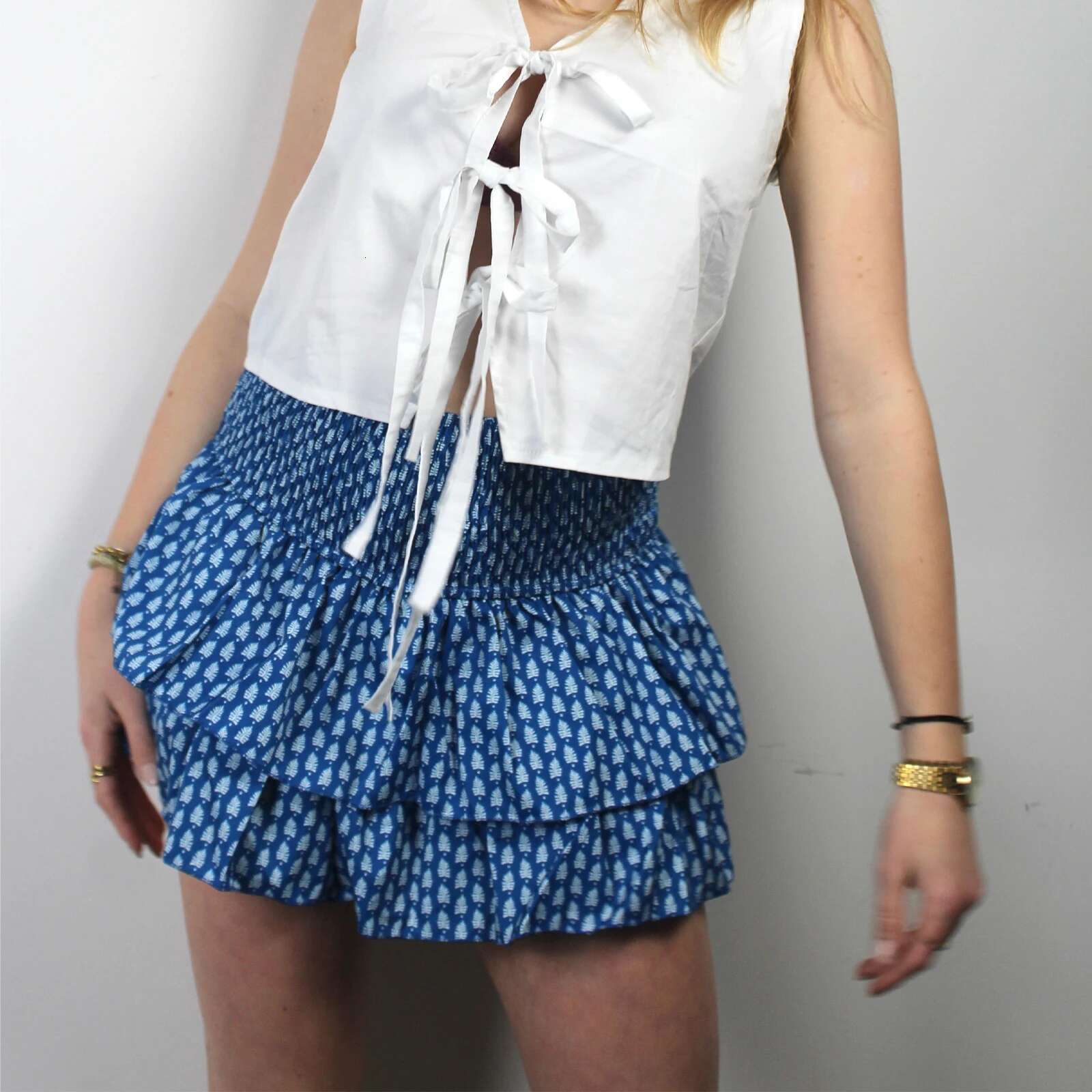 Y2K Vintage Women Mini Elegant High Waist Pleated Printed Ruffled Layered Summer A-e Skirt Retro Streetwear