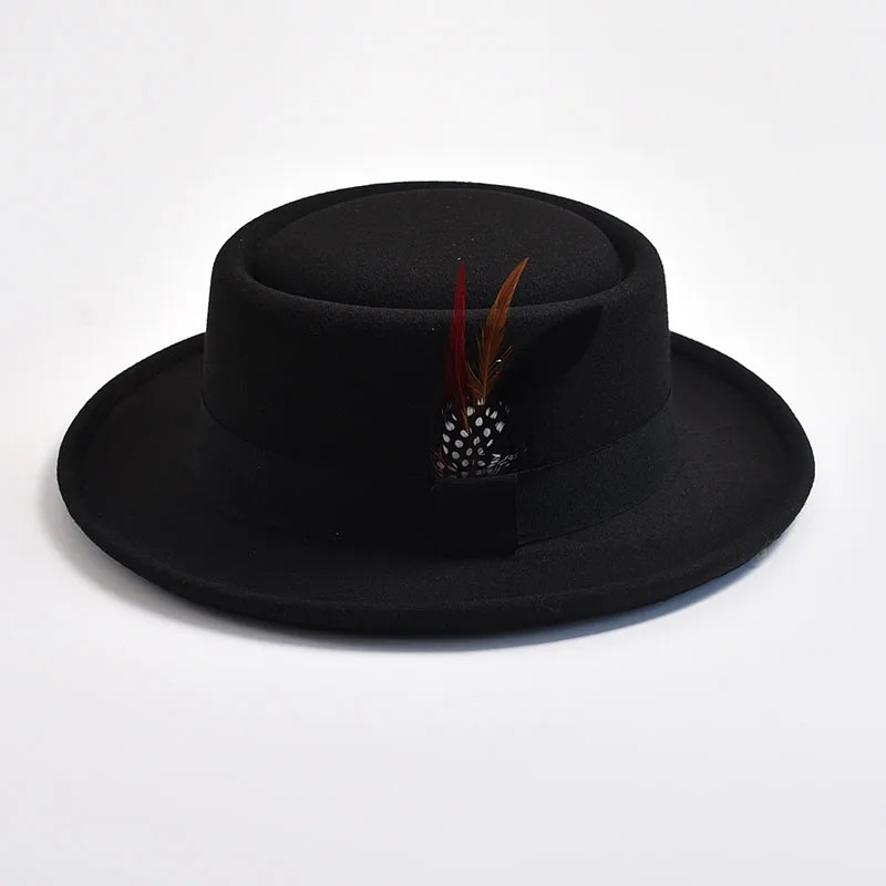 retro pork pie hat mens rolling Brim felt Fedora hat with feather gentleman Trilby jazz hat 250325