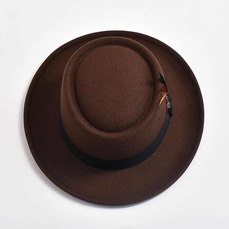 retro pork pie hat mens rolling Brim felt Fedora hat with feather gentleman Trilby jazz hat 250325