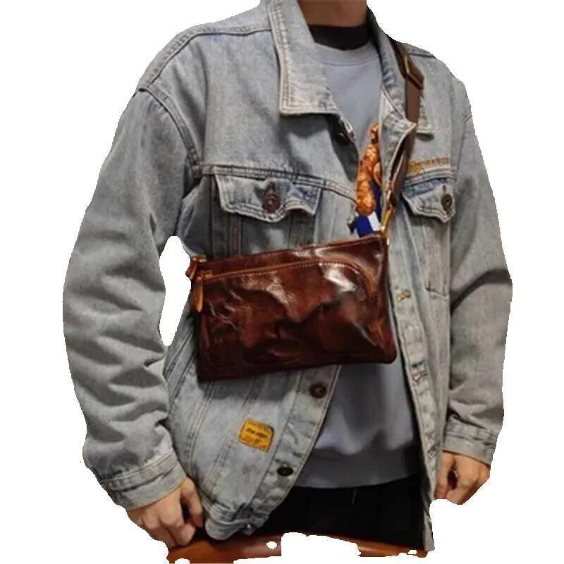 Vintage Natural Genuine Leather Pleated Men's Small Crossbody Designer Outdoor Daily Light Real Cowhide Shoulder Bag