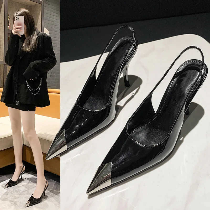 Shallow High H Wen Shoes Pointed Metal Toe 2023 New Patent Leather Pumps Sandals Shoes Temperament Black 6/9cm H Wen Z250326