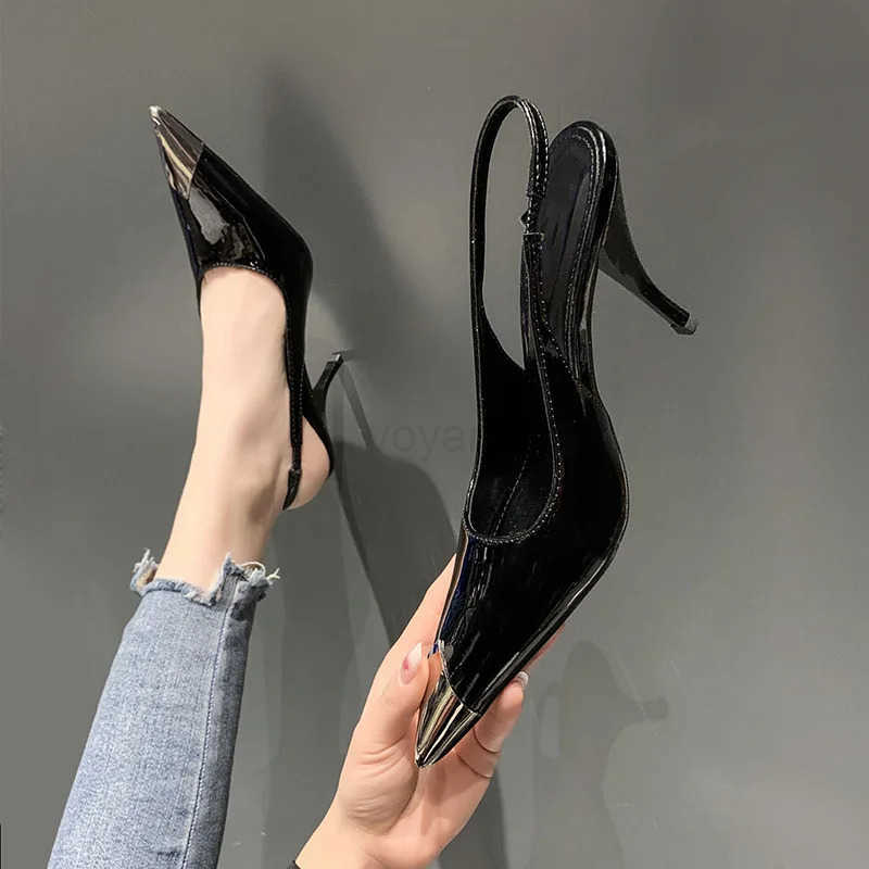 Shallow High H Wen Shoes Pointed Metal Toe 2023 New Patent Leather Pumps Sandals Shoes Temperament Black 6/9cm H Wen Z250326