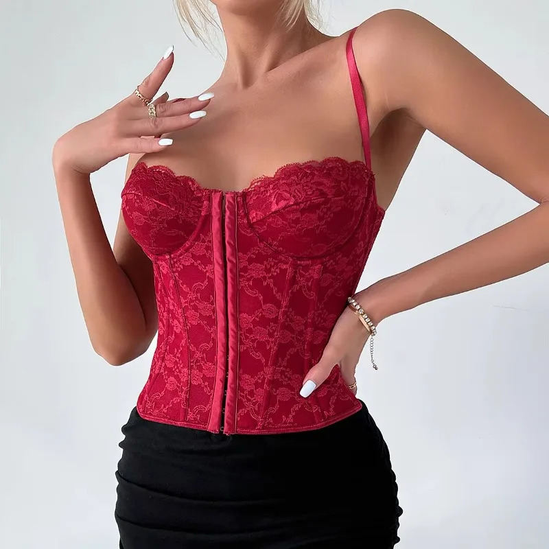 Sexy lace camas Korean fashion basic tight corset tight corset slim sweetheart vest solid color top womens summer streetwear y2k 250321