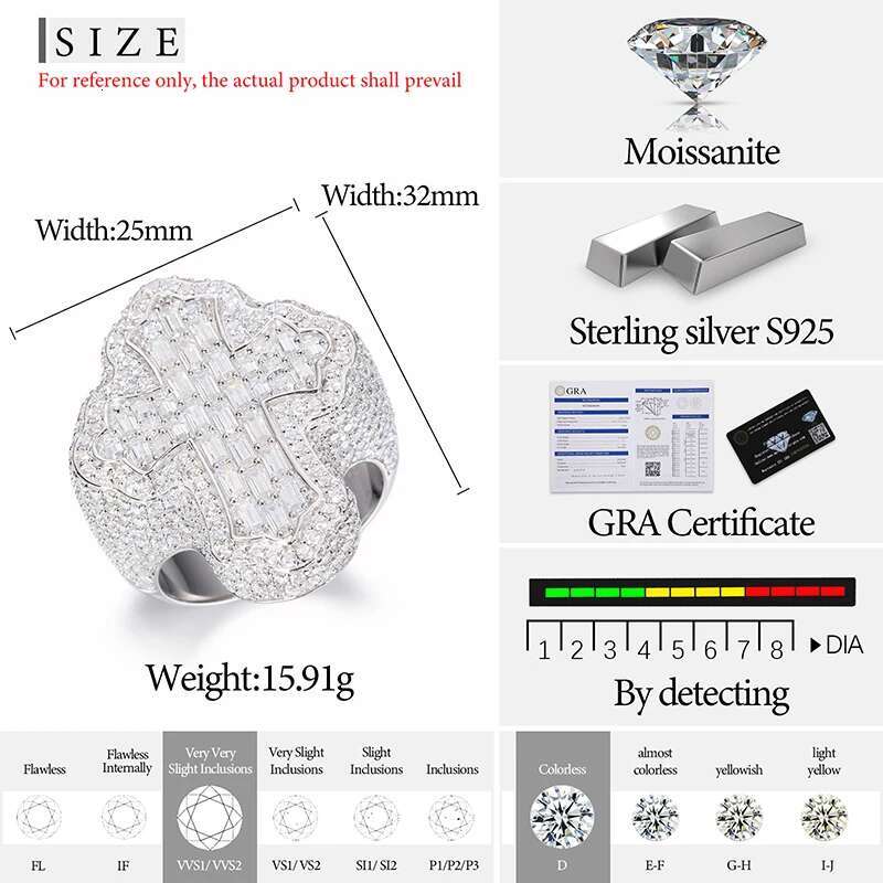 TUHE Unisex Rings Iced Out Baguette VVS1 Moissanite Cross Rings S925 Silver For Men Hip Hop Jewelry