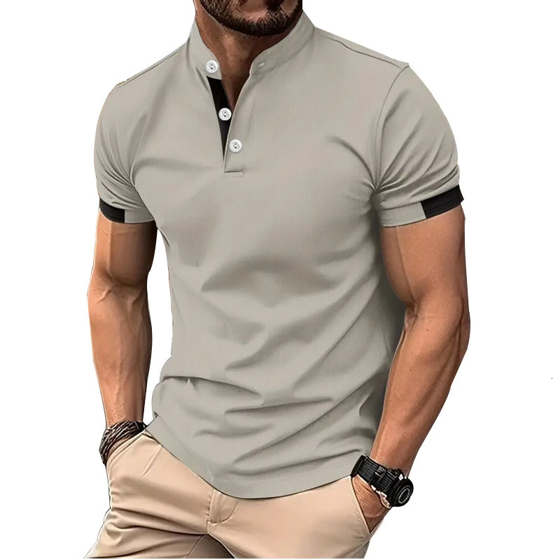 Mens spring and summer short sleeved printed polo shirt fashionable casual stand up collar 100 polyester quick drying top 250326