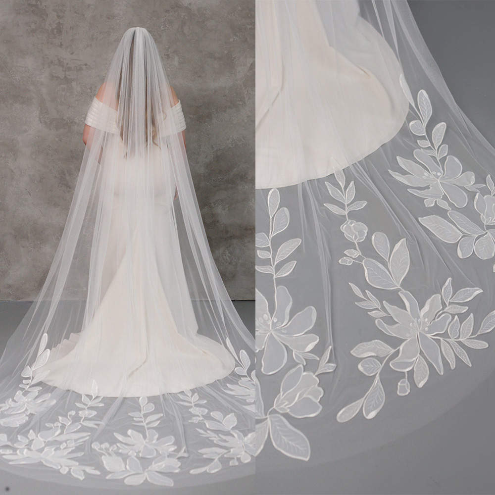 Fairy Bridal Veils Cathedral Long Elegant Lace Appliques Wedding Veil Tulle With Comb White Ivory Custom Made 3M