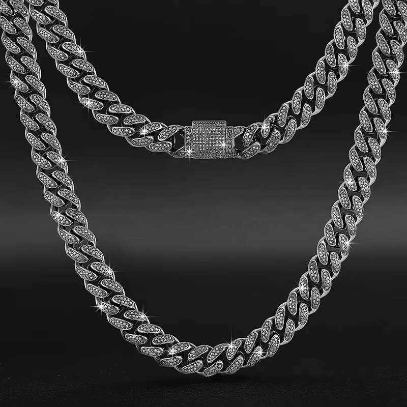 Hiphop Jewelry Iced Out Moissanite Cuban Chain Cuban Link Chain Moissanite S925 Silver 12mm Black Plated Two Row Vvs Black GRA