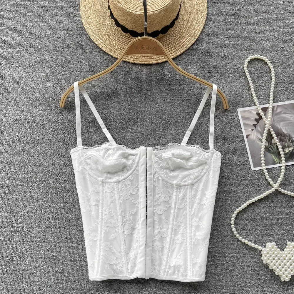 Sexy lace camas Korean fashion basic tight corset tight corset slim sweetheart vest solid color top womens summer streetwear y2k 250321
