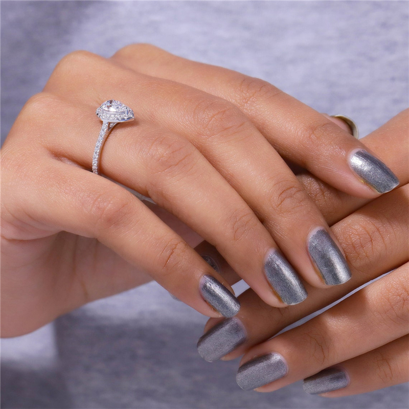 Jewelry 14K White Real Gold 0.7 Carat Pear Cut Lab Diamond Halo Ring Lab Grown Diamond Wedding Half Band Ring Womens Engagement Ring