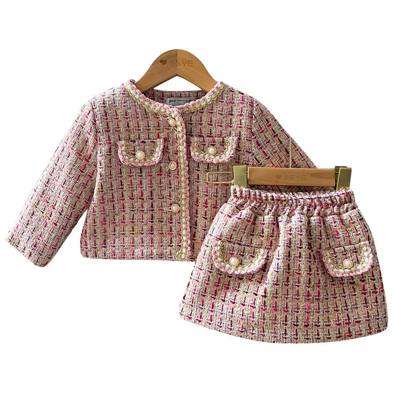 Winter Baby Girls Sets Round Collar Cotton Lining Thickened Tweed Jacket and Elastic Waist Skirt Little Girl Clothes A312 250325