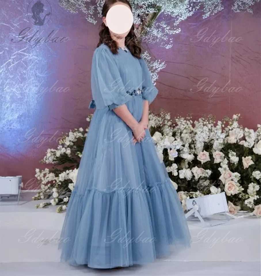 Grey blue chiffon short puff sleeve flower girl dress pleated floor length belt youth concert dress customization W250326