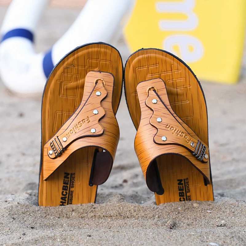 Mens summer flip up beach sandals non slip casual flat shoes mens high-quality slippersXJ250326