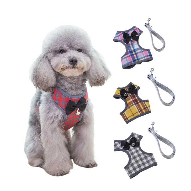 Plain weave dog harness and belt set pet cat vest harness with bow net pad suitable for small puppies Chihuahua dogs York dogs 10A X250326