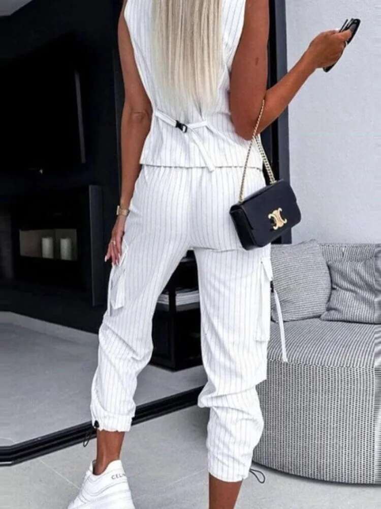 White Striped Vest Summer Casual V-neck Button Top Pocket Loose Pants Outfits Two-piece Suit For Women Elegant