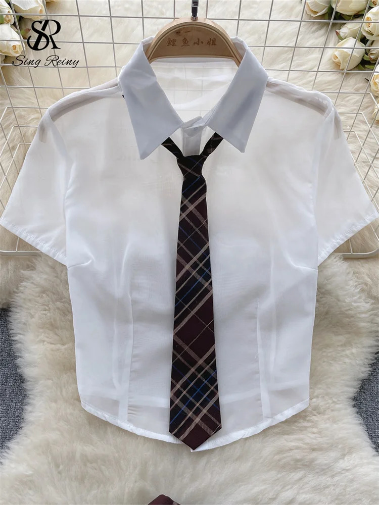 Singreiny Plaid JK Uniform Sex Set Underwear Womens Short Sleeve ShirtWrinkle Tight Clothes Role Playing Transparent Sexy 250318