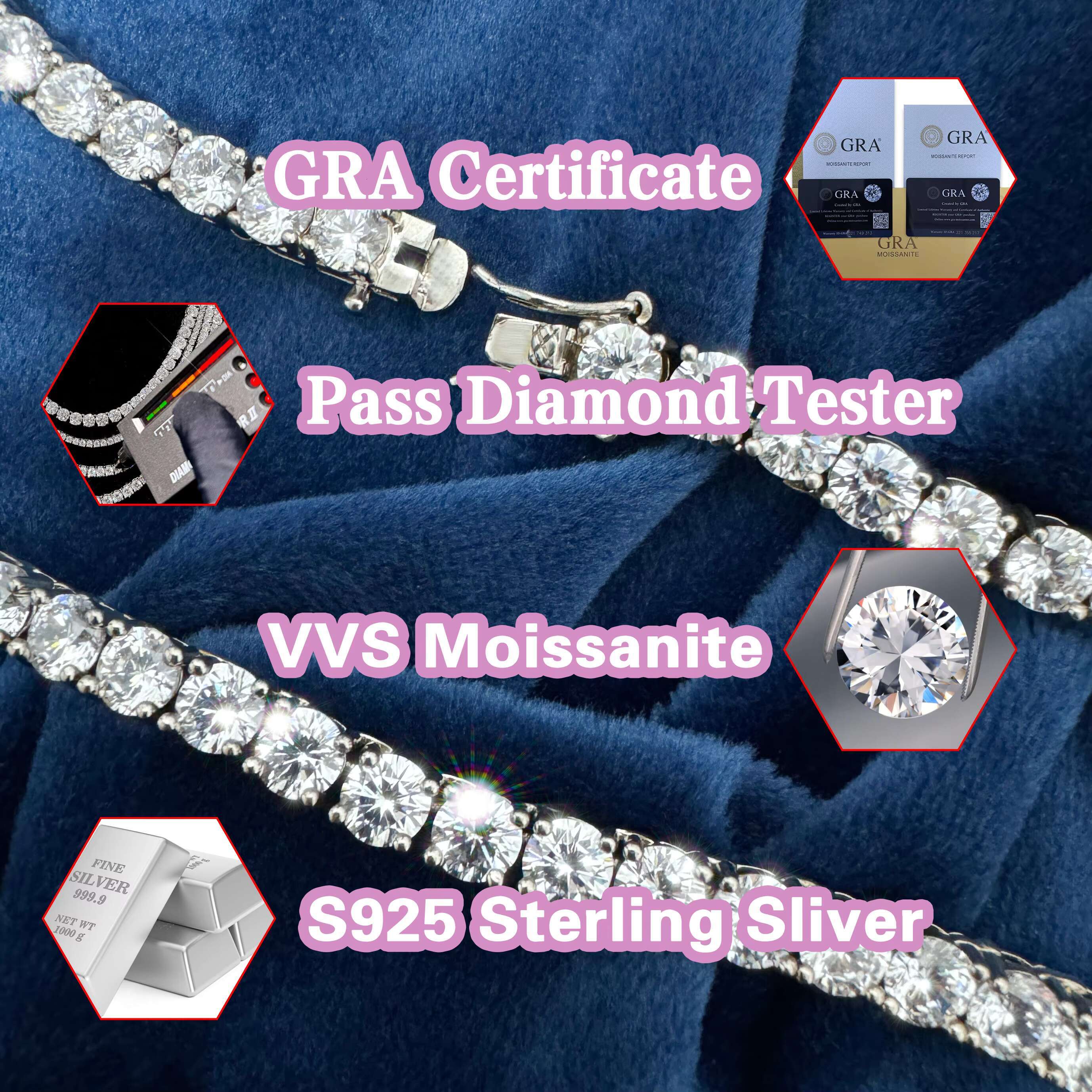 Wholesale 8mm Tennis Chain 925 Silver Hiphop Luxury Iced Out Men Women Moissanite Cluster Tennis Chain