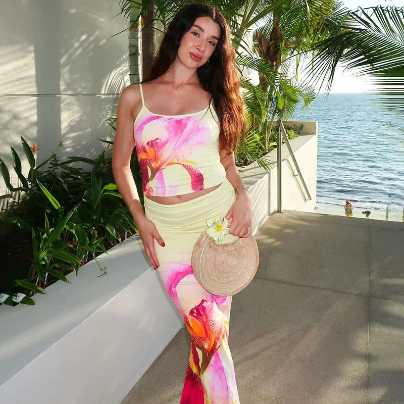 Elegant floral print shoulder strap ultra-thin fit two-piece set summer F24ST390 womens fashion set cross-border 250321