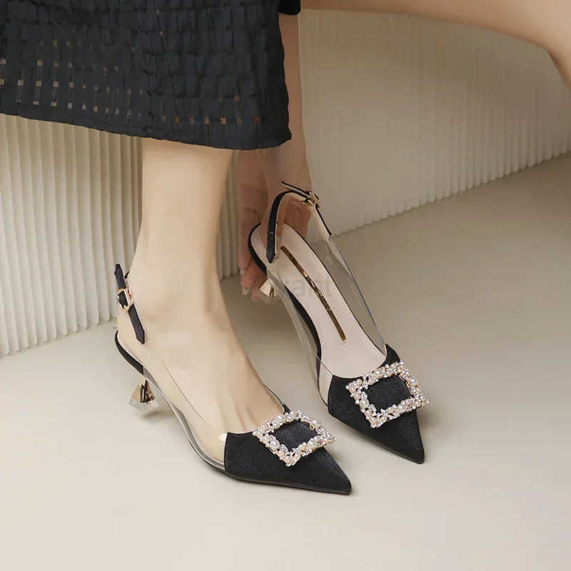 Wens Sandals 2024 Summer New Sle Fashion Shoes Black Satin Crystal Strass Poin Toe Transparent High H Z250326