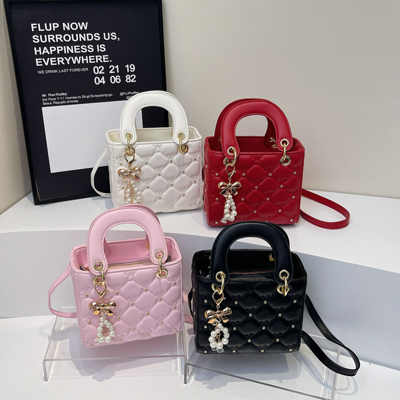 Small women's small square bag fashion diamond check pearl shoulder crossbody bag