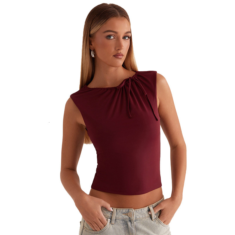 2025S Fashion Designer Y TP Women S Autumn And Winter Round Neck Pullover Solid Color Pleated Drawstring Strap Exposed Navel Top T Shirt