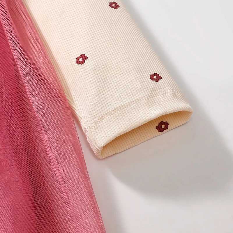 Childrens clothing childrens clothing autumn 2024 cotton baby clothing long sleeves floral mesh dress 2-7 years W250326