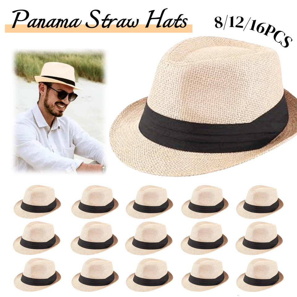 8-16 Short Brim Sun Panama Hats 1920s Straw Hats Bulk Beach Hats Jazz Hats Outdoor Wedding Beige Party Environment 60cm 250325