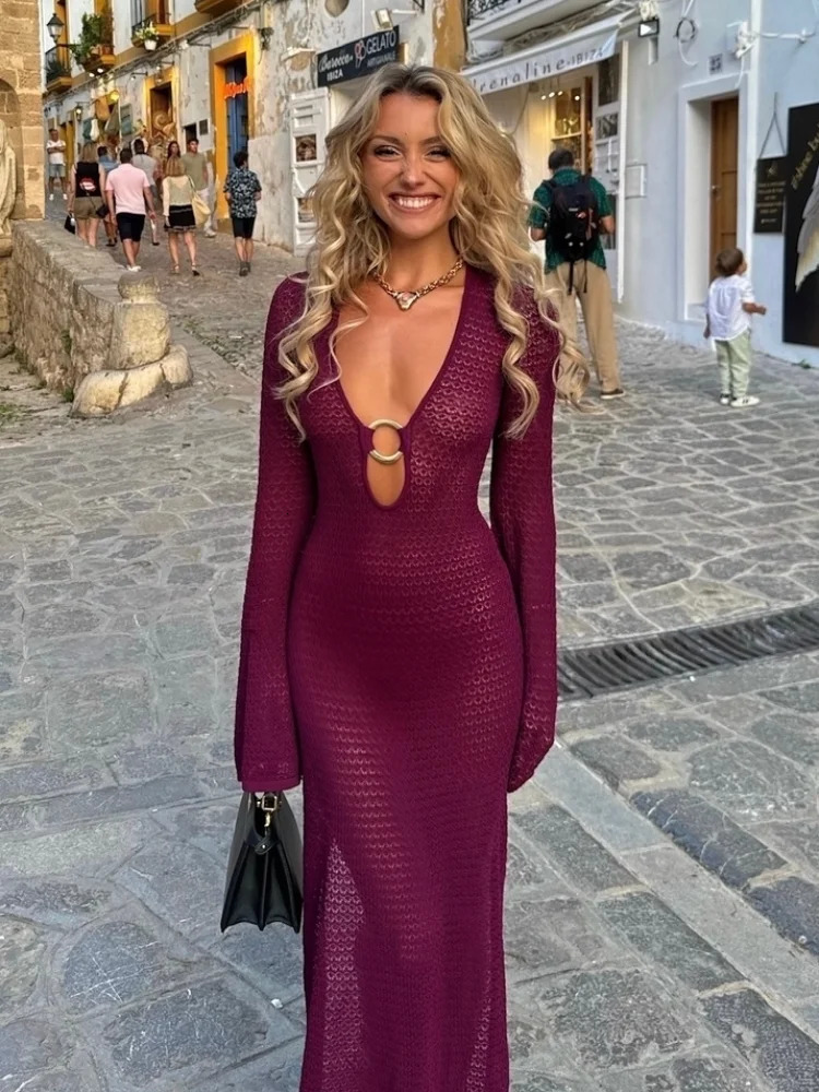 Sexy metal ring patchwork womens V-neck patchwork crochet dress chic sparkling sleeves ultra-thin hollow robe womens beach vacation vest 250322