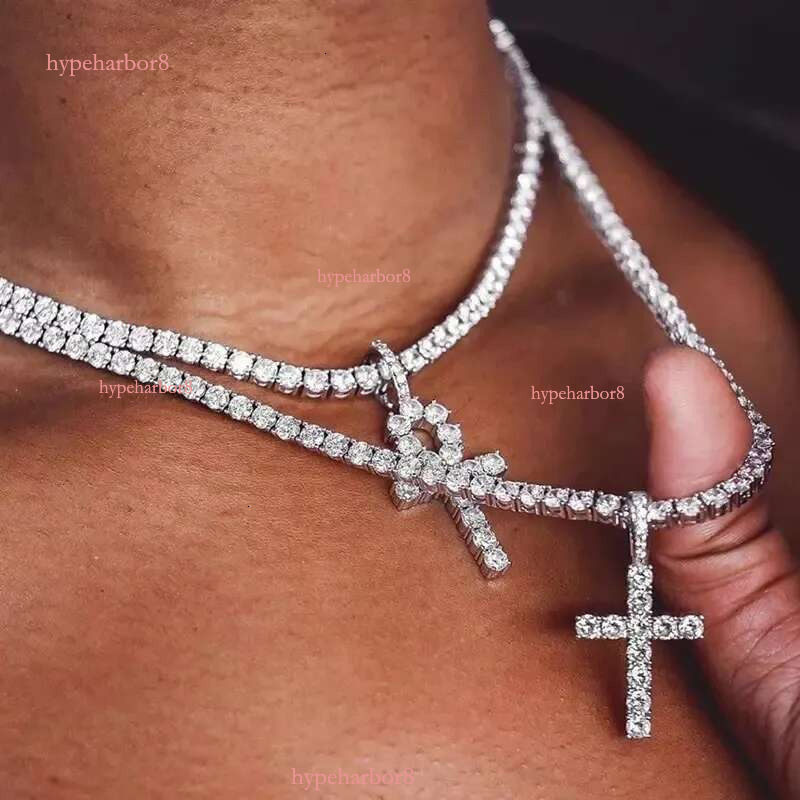 Religious Cross Pendant Necklace For Women Stainless Steel Plaged Gold Mens Tennis Chain Hip Hop Chains Necklaces Inlaid 4Mm CZ Stone Dia Jewelry