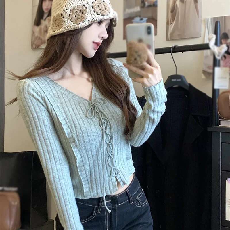 Ddmyshoesvip Women T Shirts Korean Version Solid Color V Neck Tie Slim Fit Sweet Fashion Long Sleeve Knit Autumn Fungus Trim Crop Top