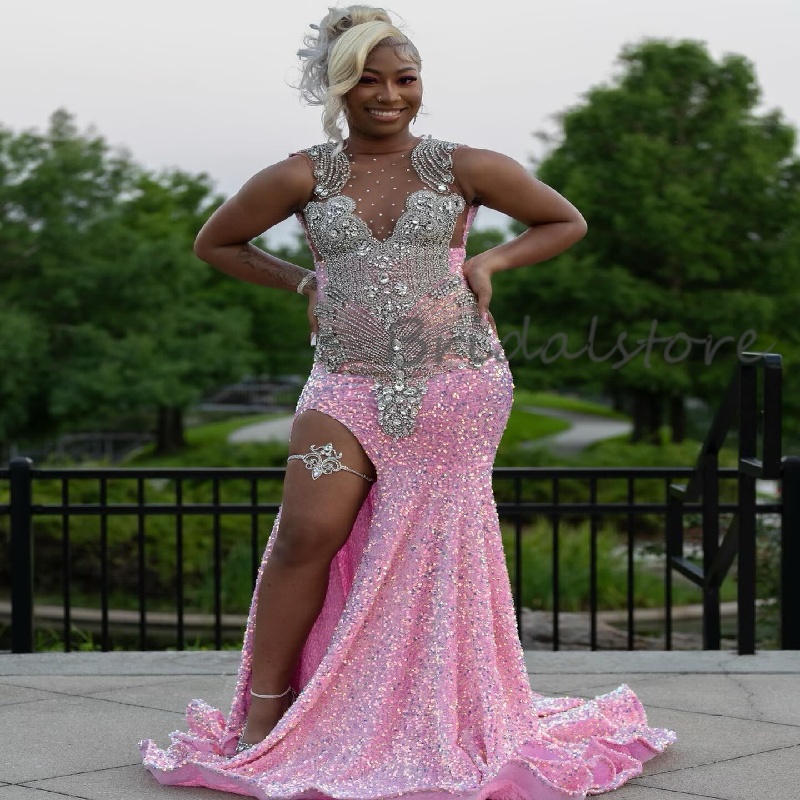 Ornate Pink Sequined Prom Dress With Slit Plus Size African Mermaid Evening Dress Black Women Dance Formal Occasion Bespoke Birthday Party Gown Vestio