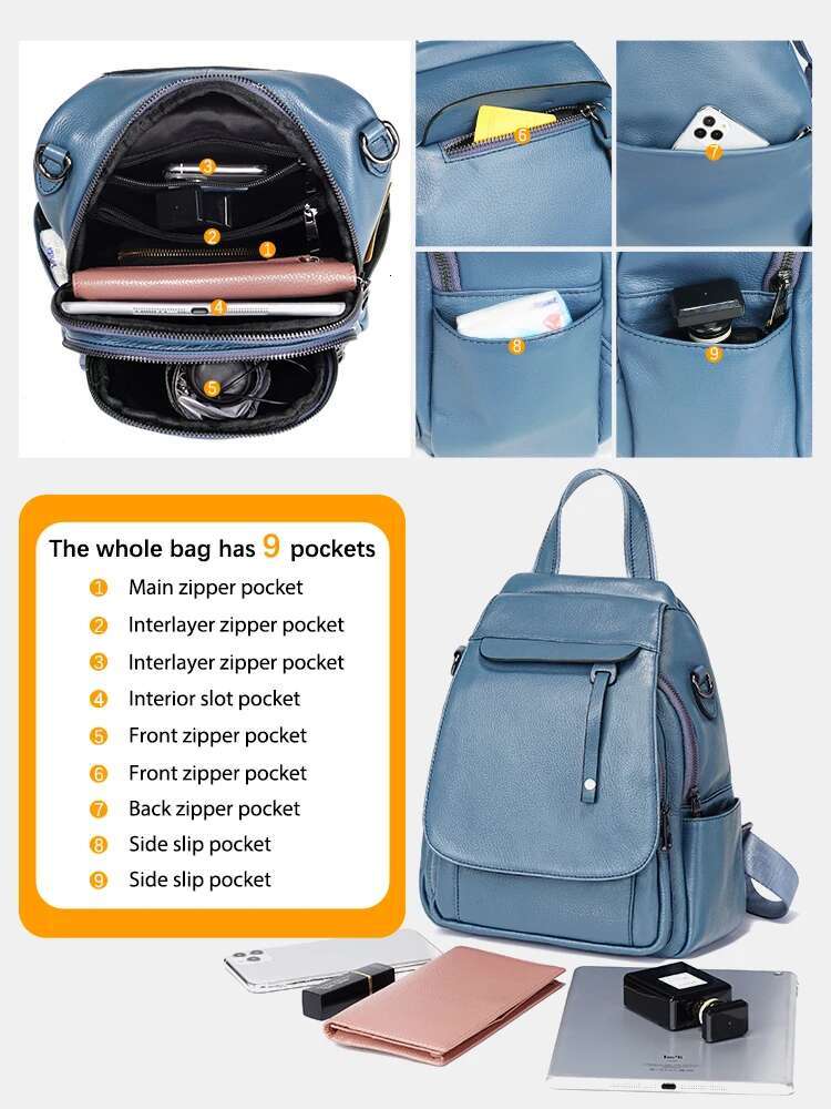 Zency Genuine Leather Women's Fashion Backpack High Quality School Travel Shoulder Bags Satchel Rucksack Multifunctional Pockets