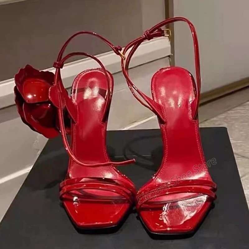 Red Rose High Heels Women's Sandals Square Toe Ankle Strap 9CM Stiletto Sexy Patent Leather Sgback Summer Party Banquet Shoes